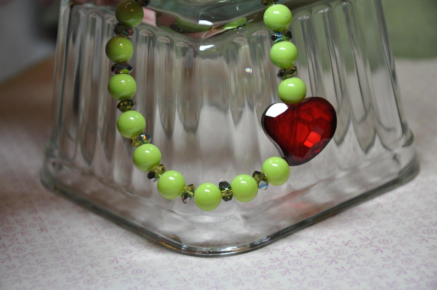 Unique Green and Red Stretchy Crystal Heart Handmade Bead Bracelet