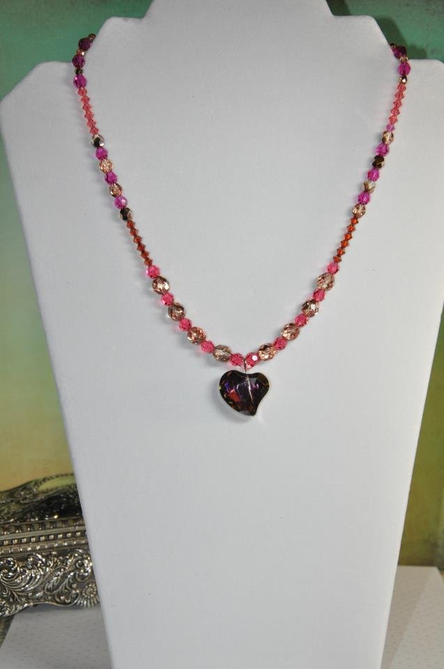 Red Purple and Pink Heart Swarovski Crystal Bead Necklace