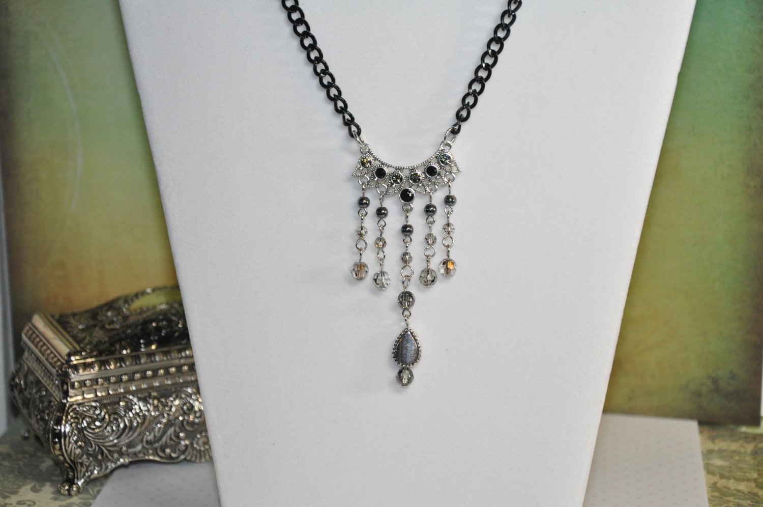 Black Chain Necklace with Swarovski Crystal Pendant
