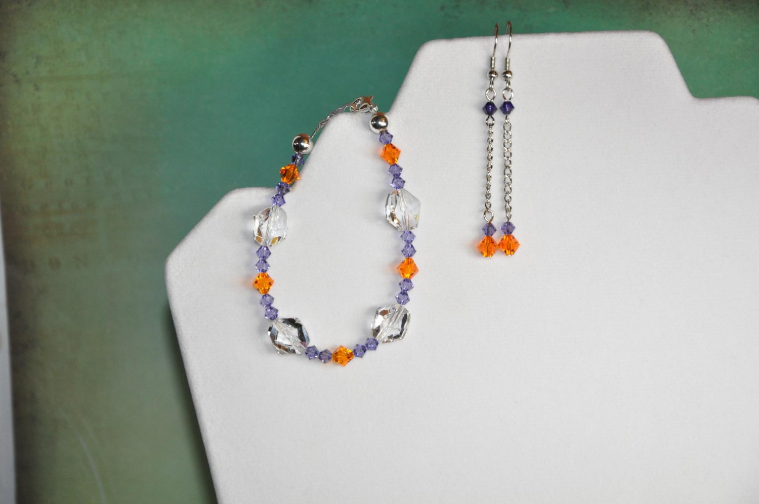 Clemson Inspired Colors Orange w Purple Swarovski Bicone Crystal Chain Earrings and Bracelet Set