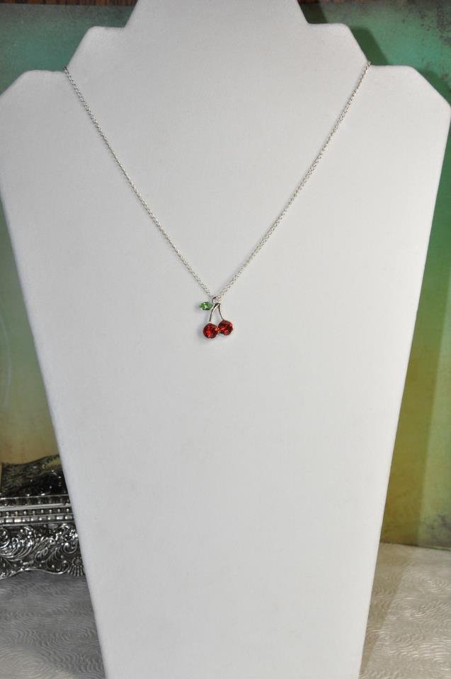 Dainty Red Cherry Crystal Charm Necklace On Silver Chain Handmade