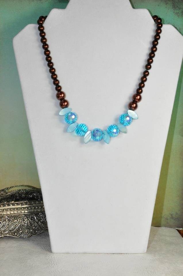 Beautiful Beachy Brown Pearl Chunky Blue Bead Necklace