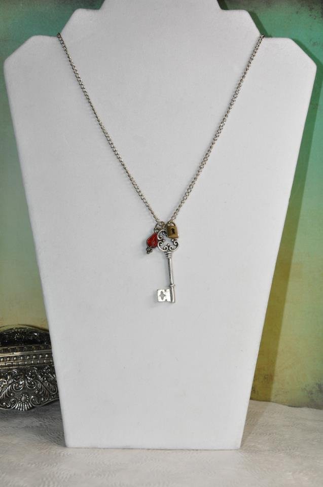 Silver Key and Lock with Red Swarovski Crystal Drop Chain Necklace Handmade