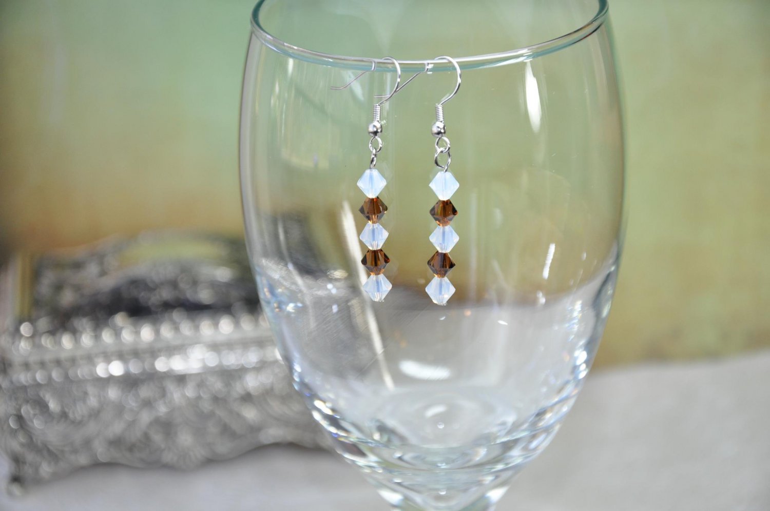 Brown and White Sandy Beach Swarovski Crystal Drop Bead Earrings