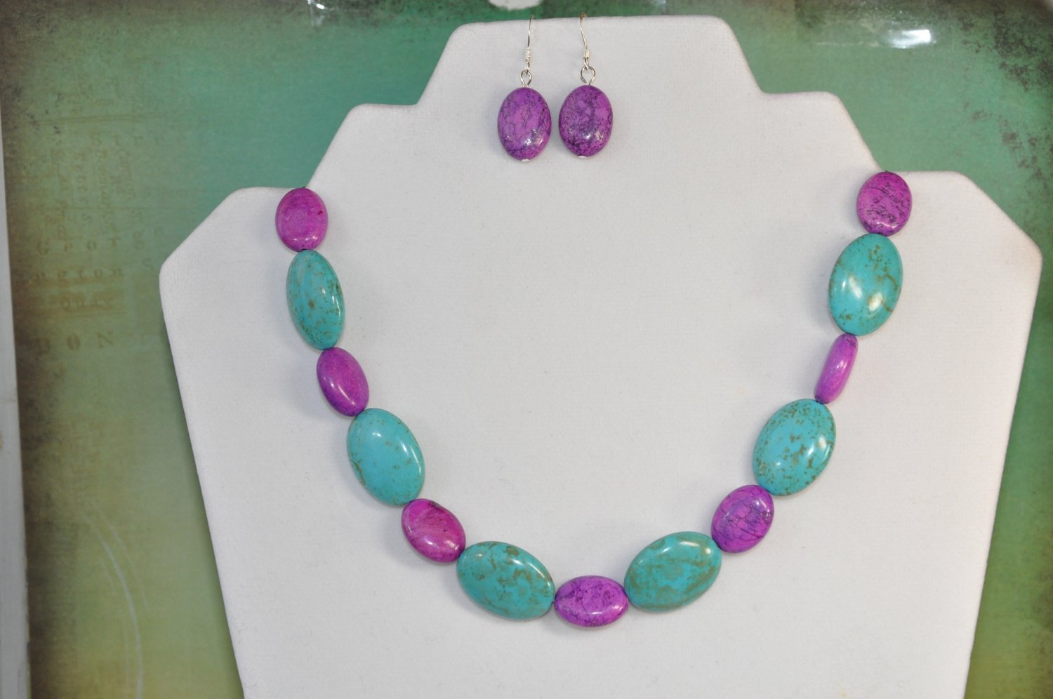 Natural Purple Turquoise Oval Gemstone Bead Jewelry Set Handmade