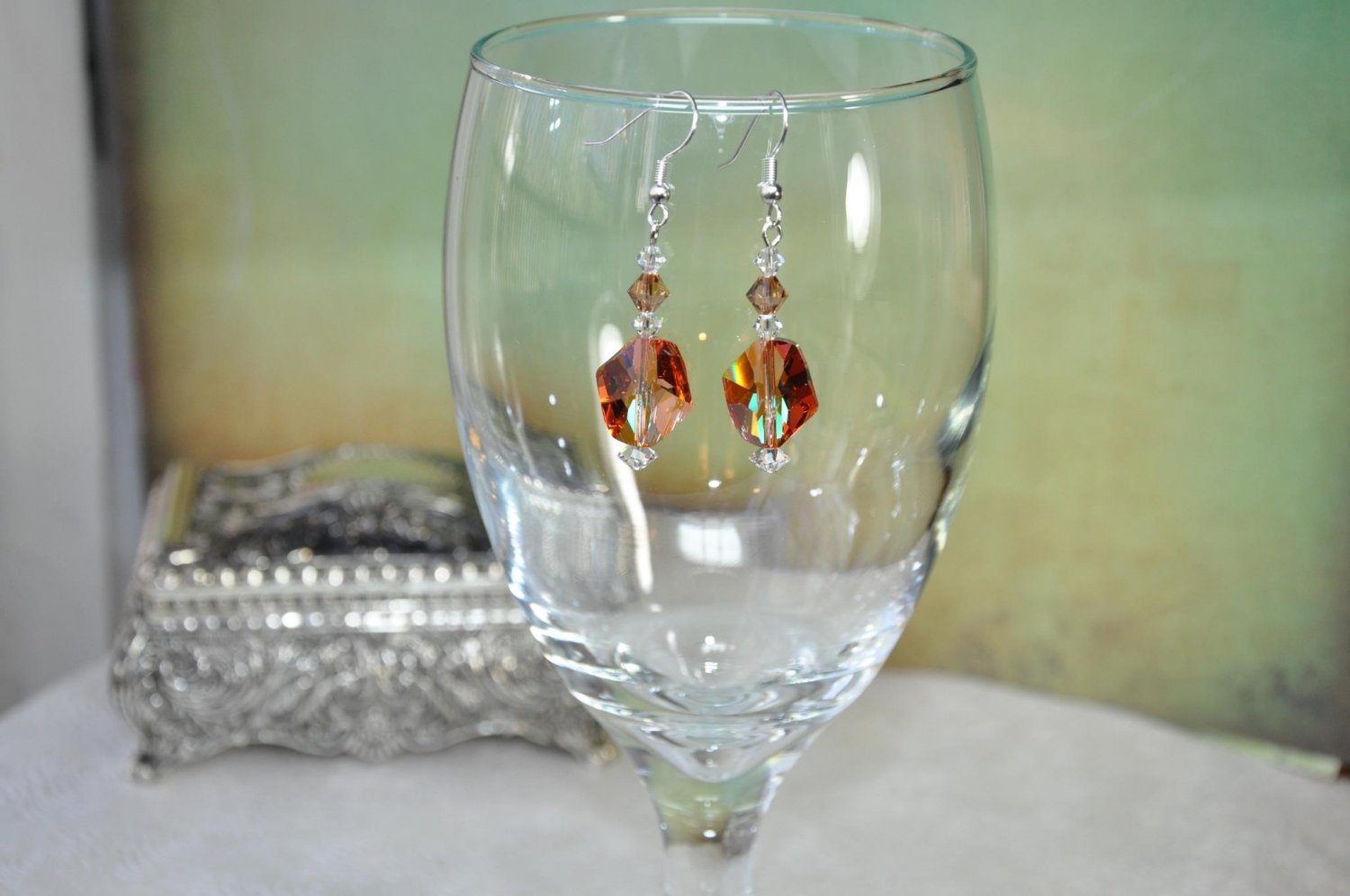 Handmade by Studio Artist Firey Orange Swarovski Helix Crystals Drop Bead Earrings