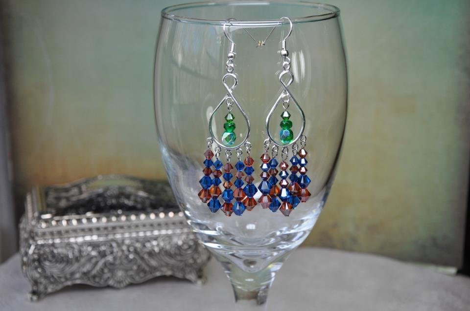 Handmade Green with Orange and Blue Swarovski Bicone Crystals Chandelier Earrings