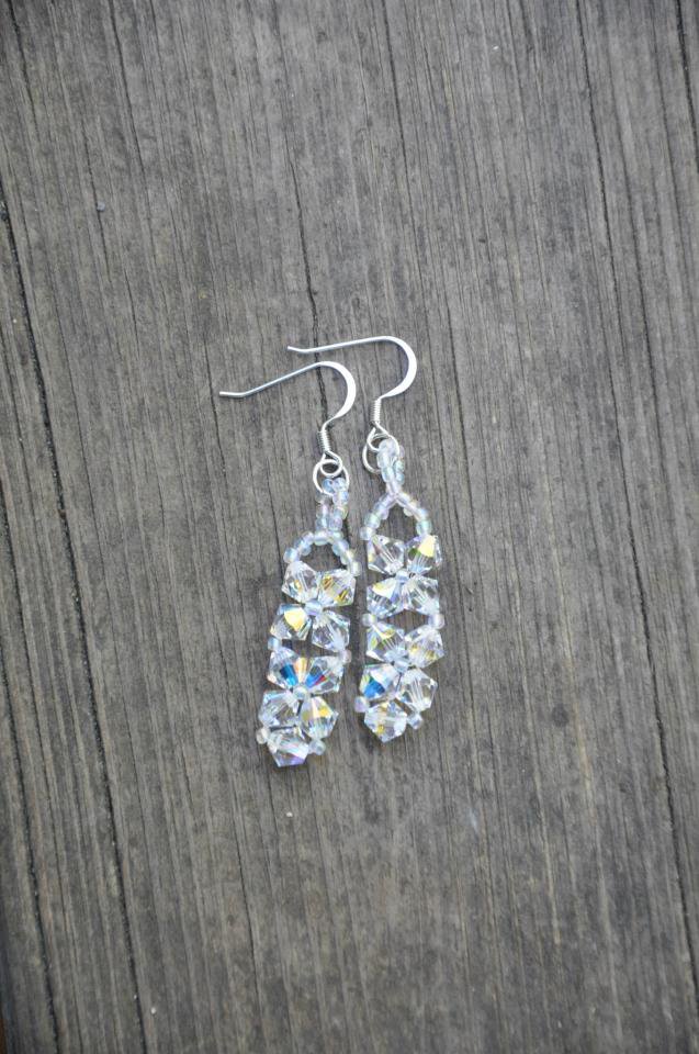 Aurora Borealis Clear Swarovski Bicone Bead Crystal Drop Earrings Handmade by Studio Artist