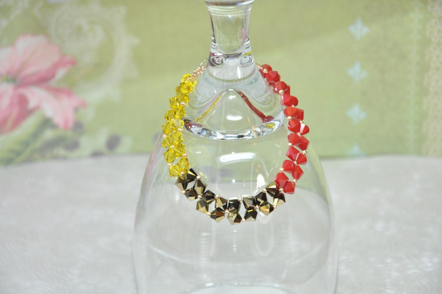 Swarovski Crystal Bracelet Hand Stitched in Yellow Gold and Red Crystal Beads