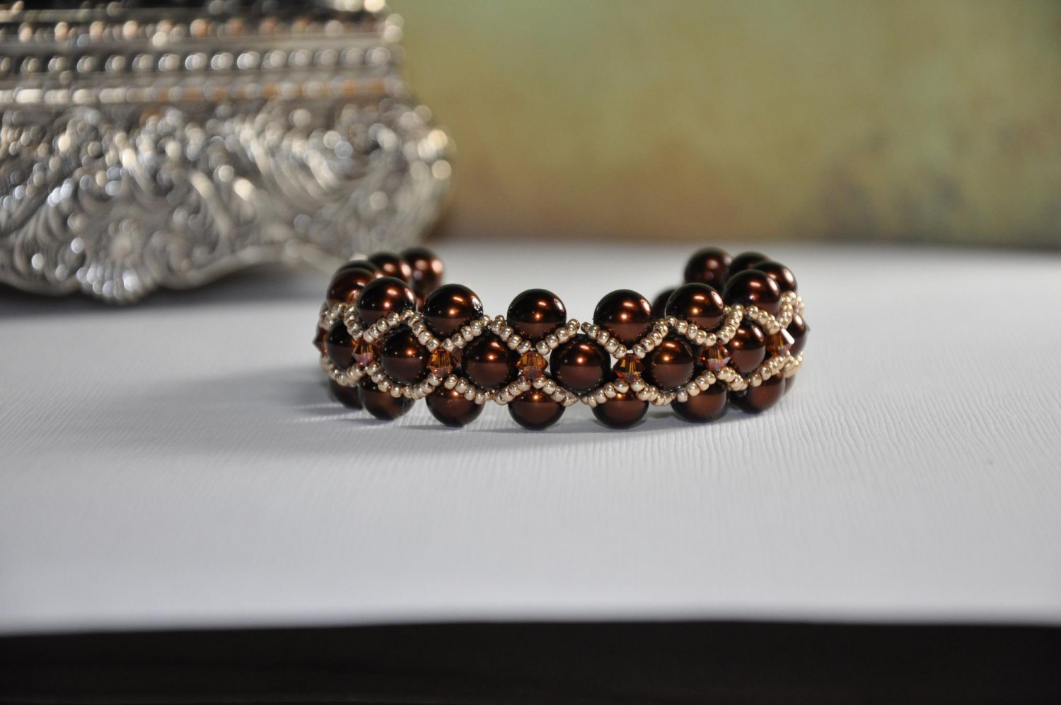 Bead Bracelet Brown Glass Pearls with Gold Seed Beads and Swarovski Crystals Handmade