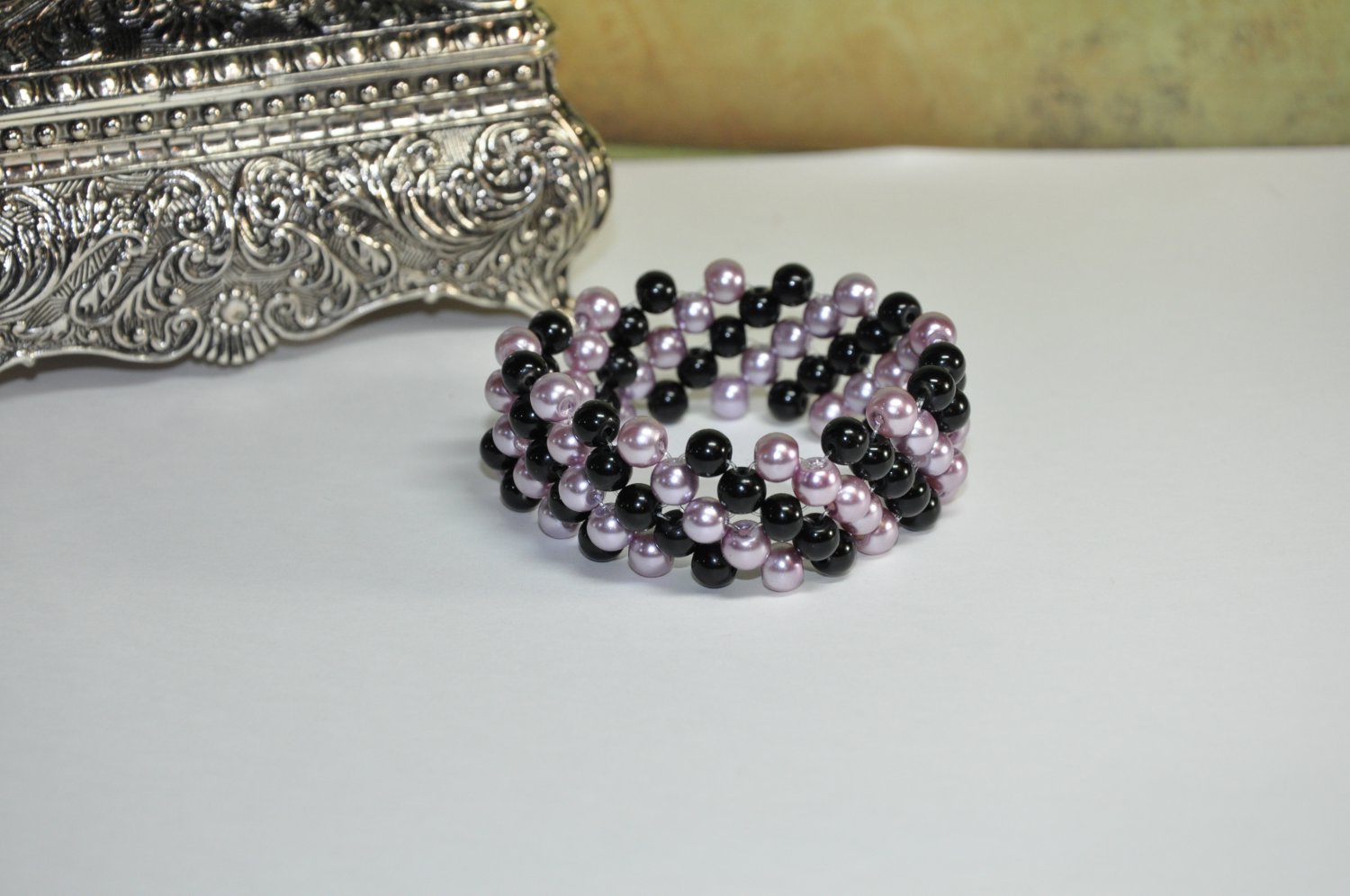 Handcrafted Bracelet by Studio Artist Black Purple Glass Pearls Stretchy Beaded Cuff