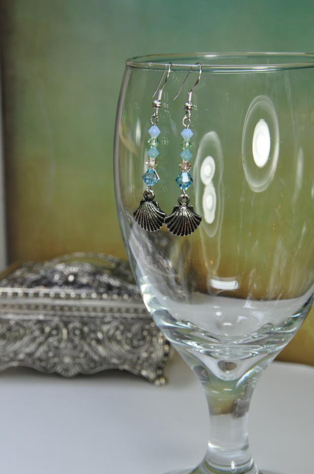 Blue Seashell By The Shore Swarovski Crystals Dangle Bead Earrings Handmade