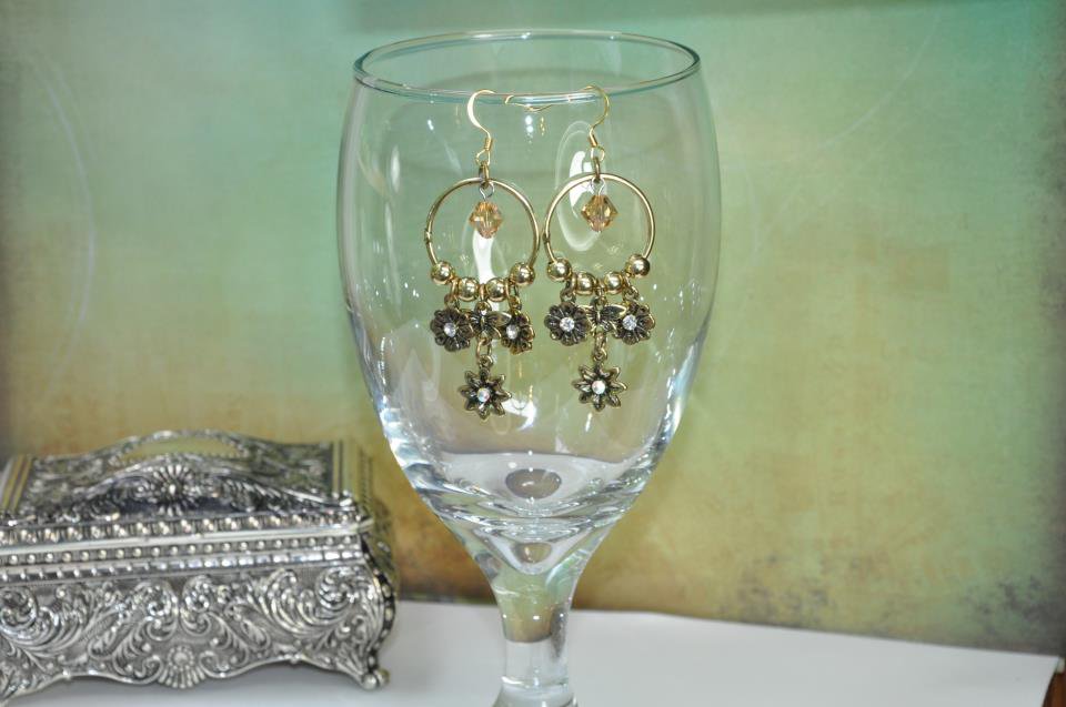 Handmade Earrings by Bead Artist Gold Flower Chandelier Hoops With Swarovski Crystals