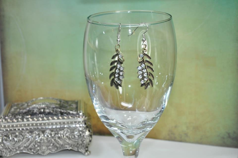 Gold Leaf Rhinestone Bead Drop Earrings