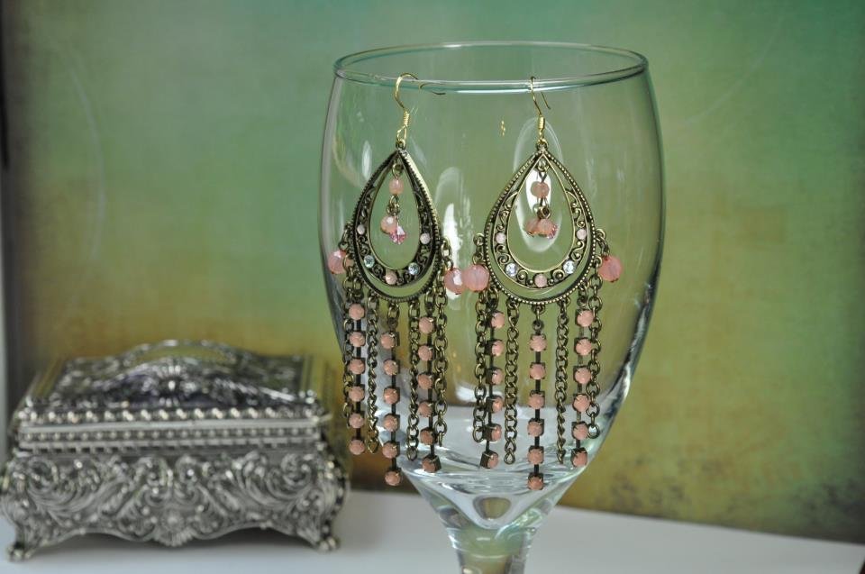 Handcrafted Earrings Pink and Copper Color Chandelier On Bead Chain with Swarovski crystals