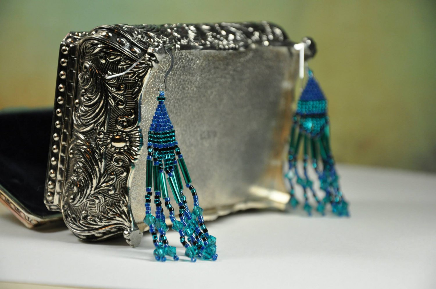 Unique Handmade Blue Green Peacock Brick Stitch Chandelier Beads Swarovski Crystals Earrings
