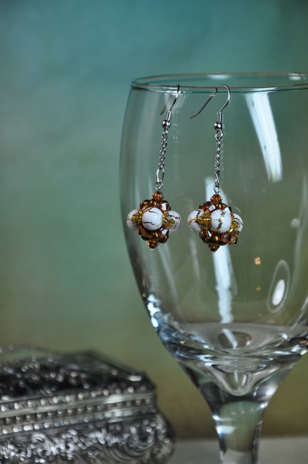 Hand Stitched Swarovski Earrings Golden Brown and Creme Bead Cluster Ball on Silver Chain
