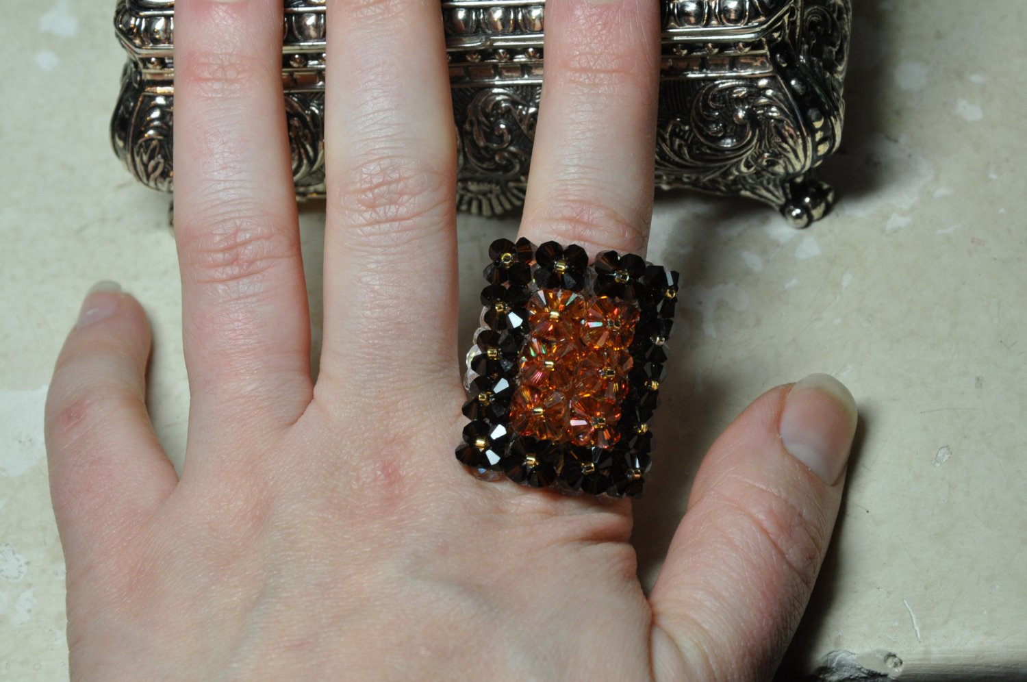 Handcrafted Swarovski Crystal Glam Square Brown Chocolate Gold Bead Ring