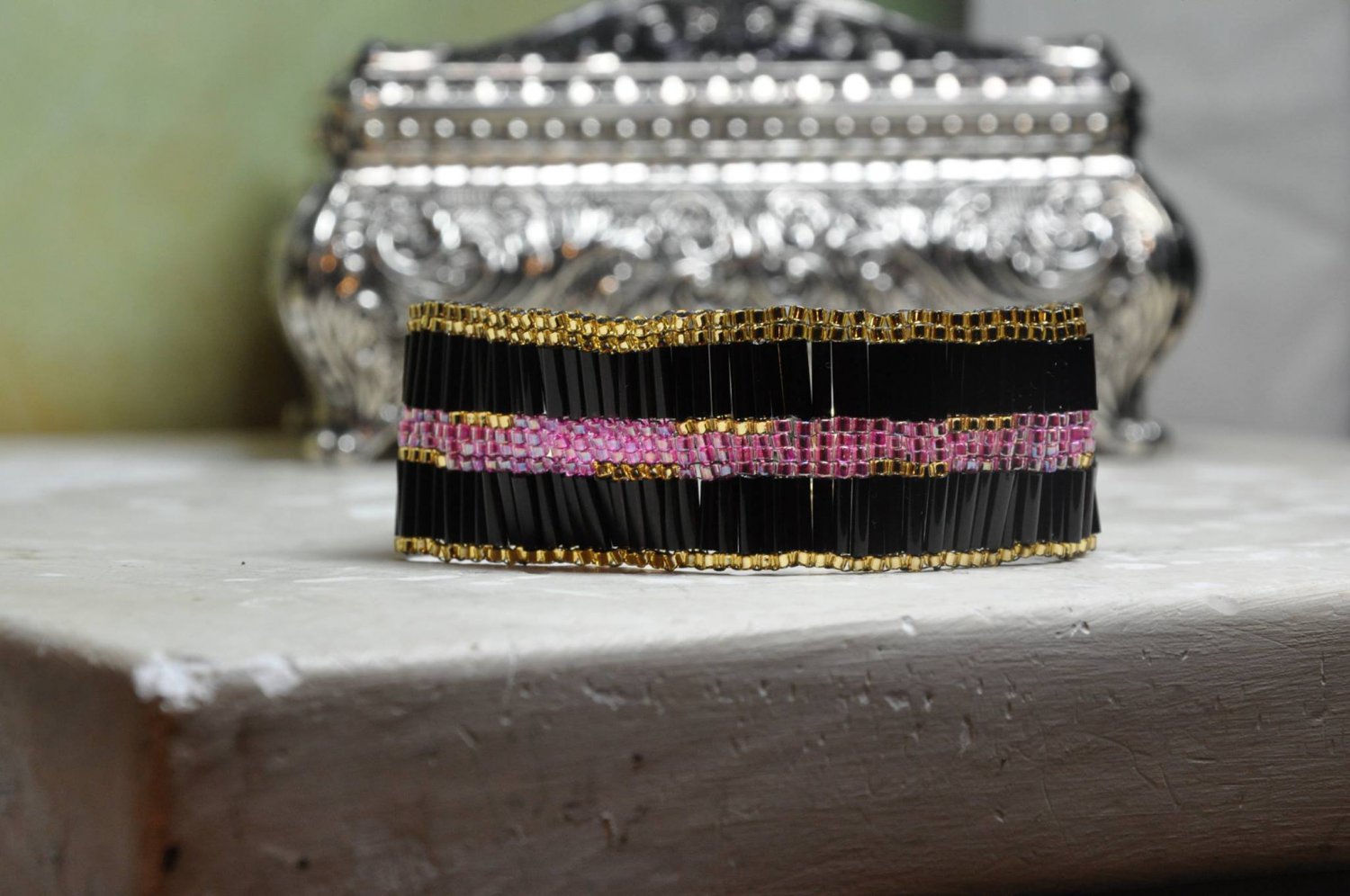 Handmade Bracelet by Studio Artist Cuff Me With Black Gold Pink Glass Beads