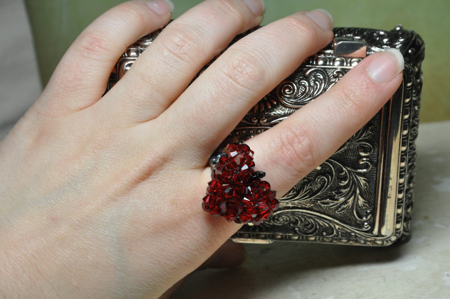 Handmade by Studio Artist My Red Black Swarovski Crystal Heart On A Ring