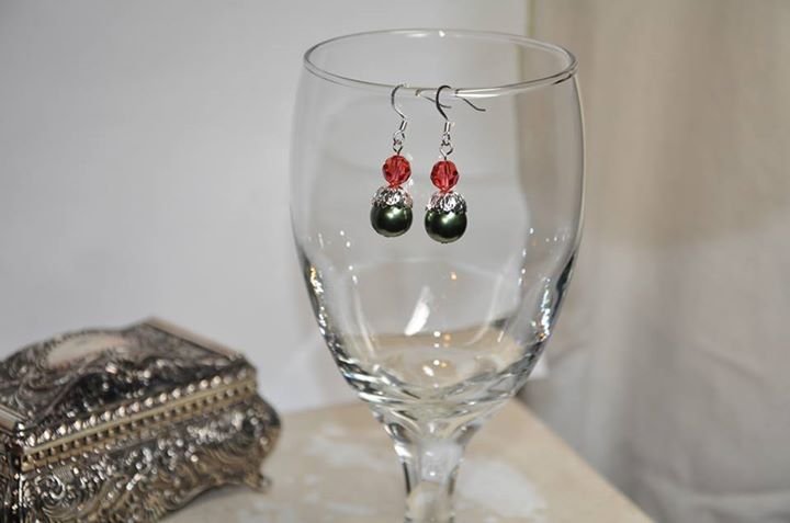 Handmade Pink Swarovski Round Crystal Green Chunky Pearl Drop Earrings