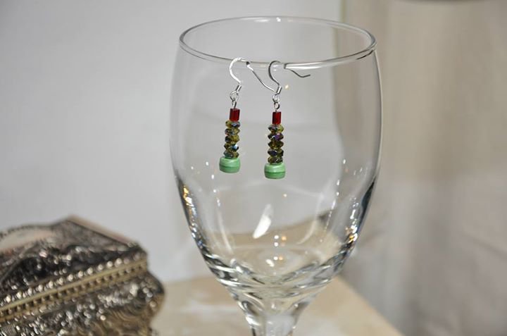 Green Christmas Trees With Red Beads Dangle Earrings Handmade