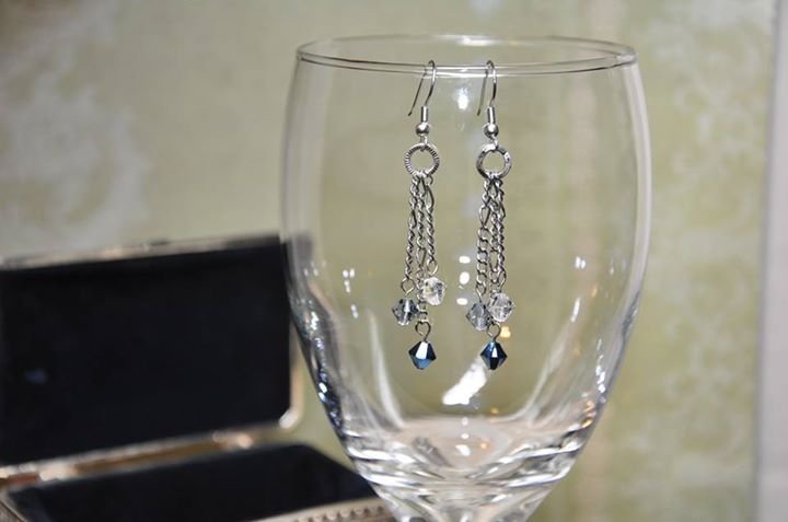 Swarovski Shades of Blue Crystals Dangle Chain Earrings Handmade by Studio Artist