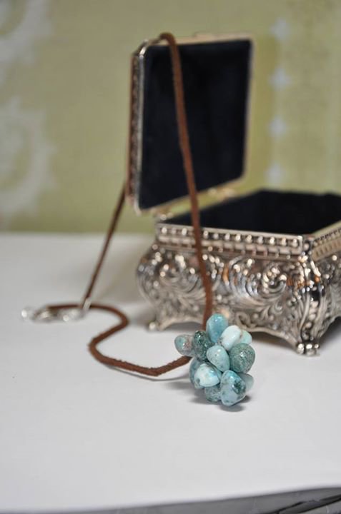 Hand Designed Bead Necklace by Studio Artist w Turquoise Cluster Pendant on Suede Cording