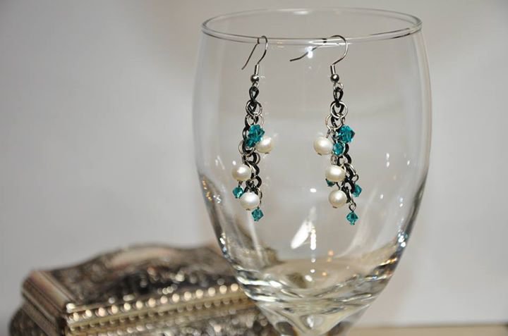 Handmade by Studio Artist Black Chain Swarovski Pearl Crystal Teal Bicone Drop Earrings