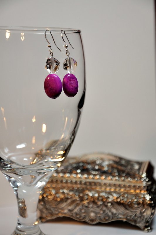 Hand Bead Designed Earrings by Studio Artist Clear Swarovski Helix Crystals Purple Dyed Gemstones