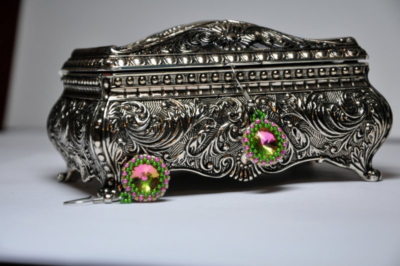 Hand Designed Crafted and Assembled Earrings by Studio Artist w Pink Green Swarovski Rivoli Crystals