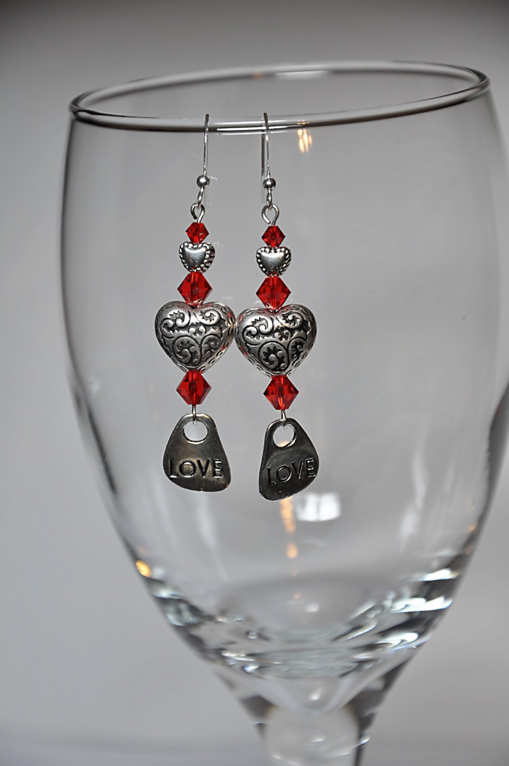 Unique Red Swarovski Crystals w Silver Hearts and Love Charm Drop Earrings By Studio Bead Artist