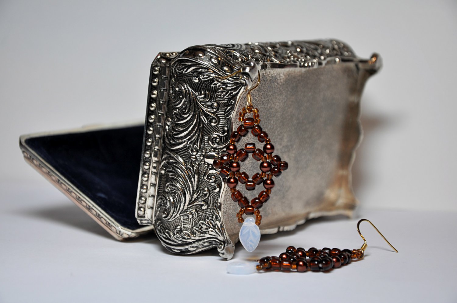 Brown Hand Stitched Pearls With Glass Beads Chandelier Earrings By Studio Bead Artist