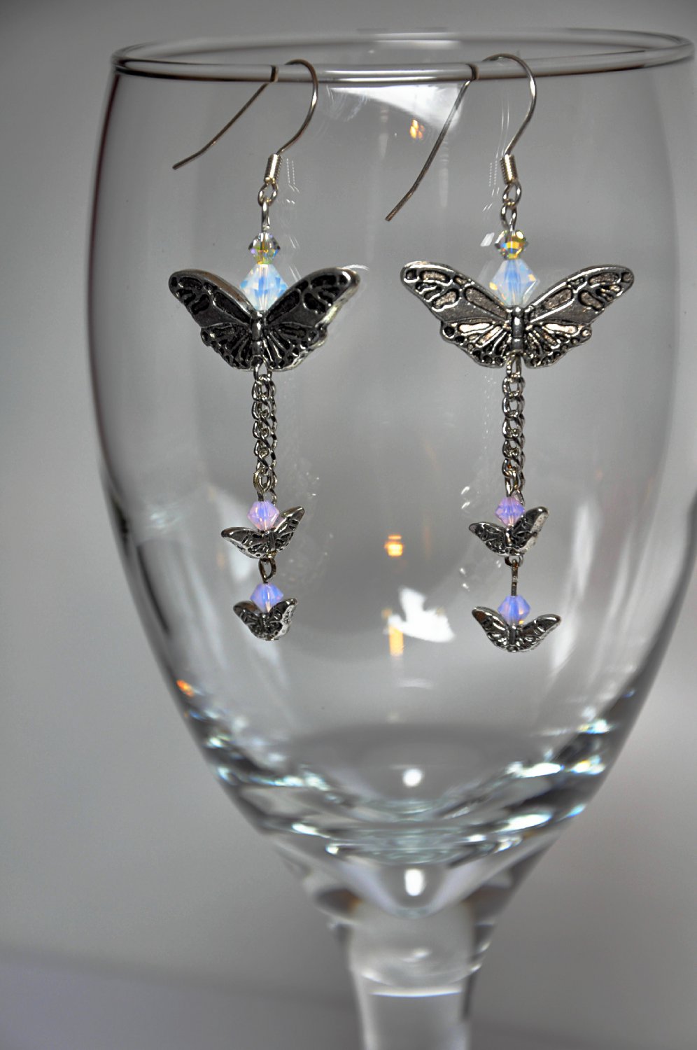 Unique Silver Butterfly Drop Earrings With Chain Rose and Violet Opal Swarovski Crystals