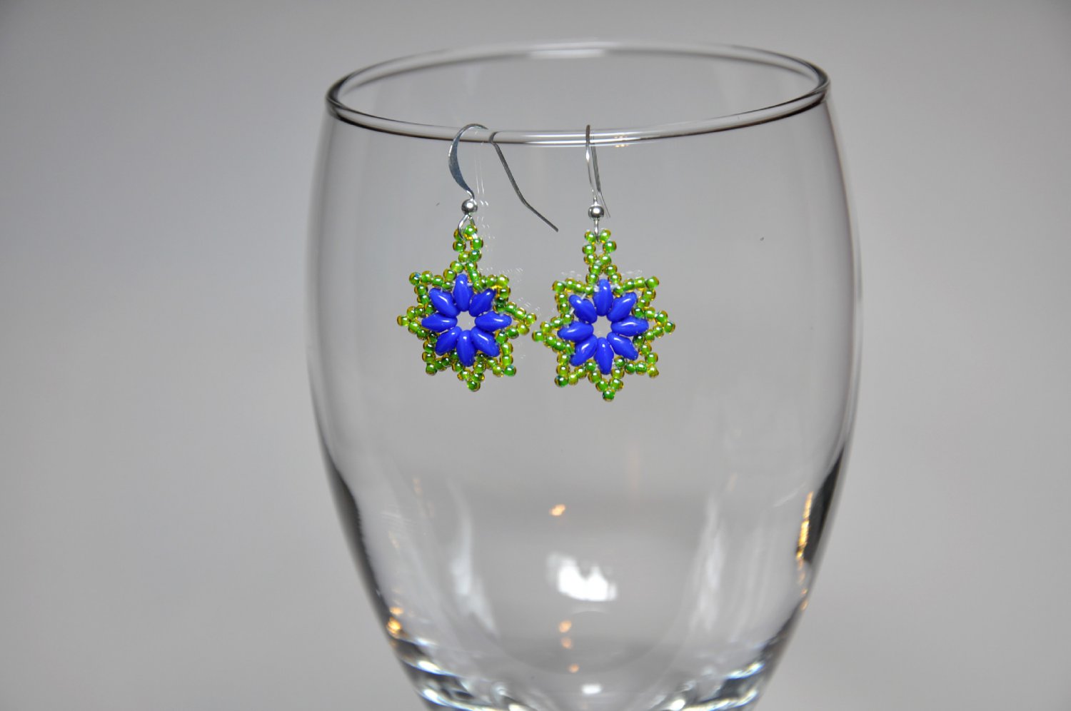 Unique Green Blue Flower Hand Stitched Bead Dangle Earrings Handmade