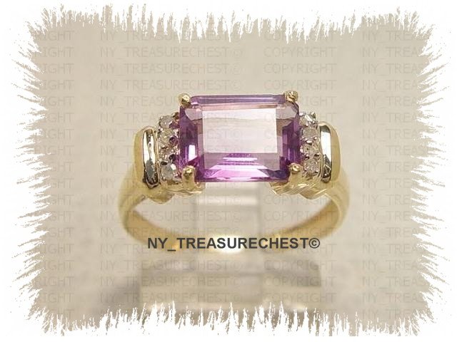 Amazing 3.00ct Emerald Cut Genuine Amethyst and Diamonds Solid Yellow Gold Ring