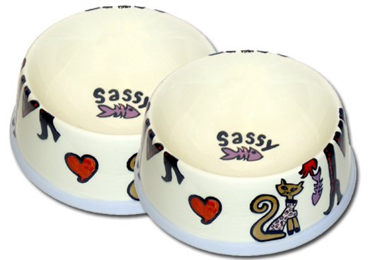 Sassy - Set Of Cat Bowls - Handpainted - Personalized Pet Cat Dishes