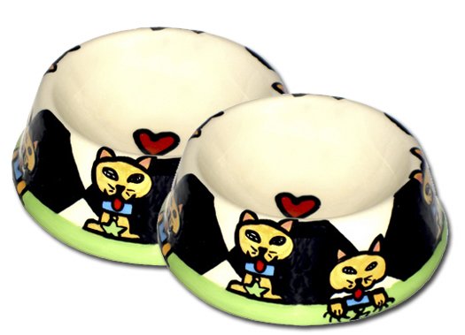 Feed Me - Small Set Of Cat Bowls - Handpainted - Personalized Cat Pet Bowls