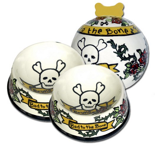 Bad To The Bone - Small Dog Treat Jar And Small Dog Dishes