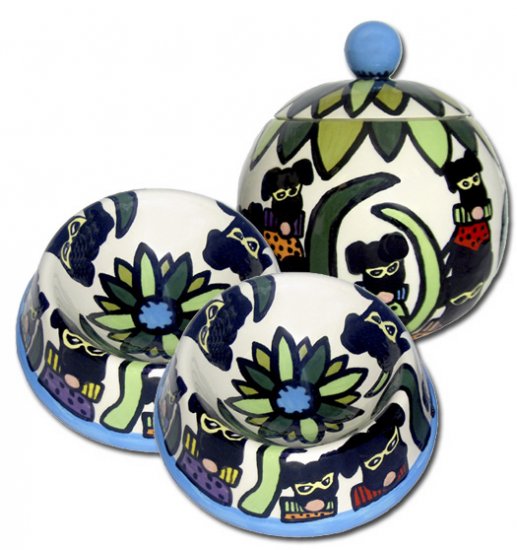 Masquerade - Small Dog Bowls And Pet Dog Treat Jar Combo