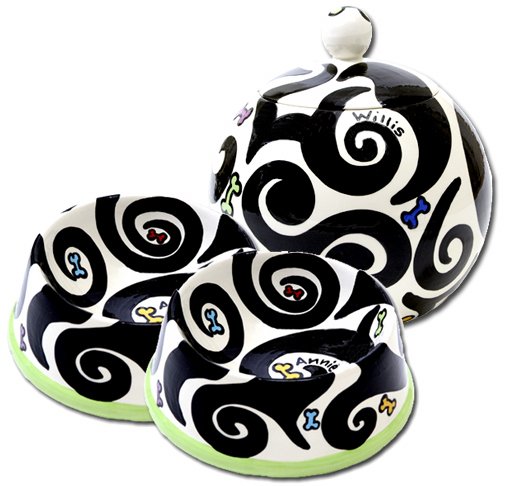 Black And White With Colour - Small Dog Bowls - Small Pet Dog Treat Jar Combo