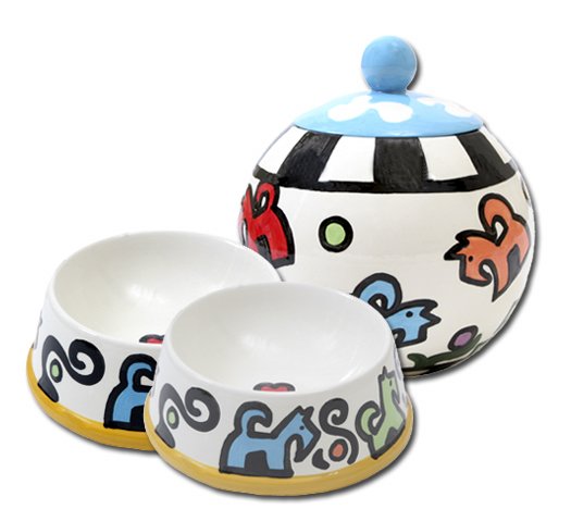 Bonznmice - Set Of Small Dog Bowls - Small Pet Dog Treat Jar Combo