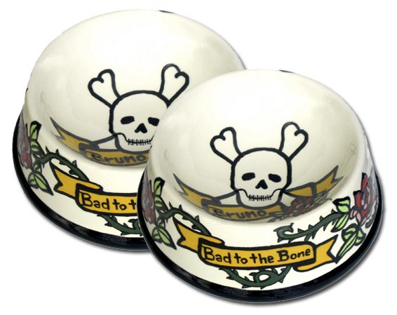 Bad To The Bone - Large Dog Bowl Set - Handpainted - Personalized