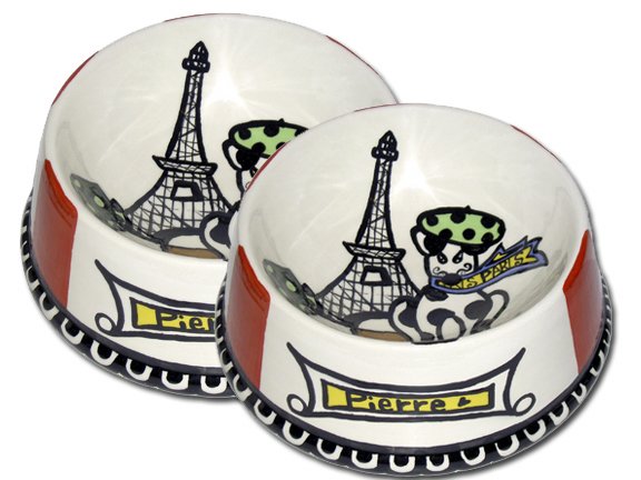 J'adore Paris - Large Dog Bowl Set - Haindpainted - Personalized