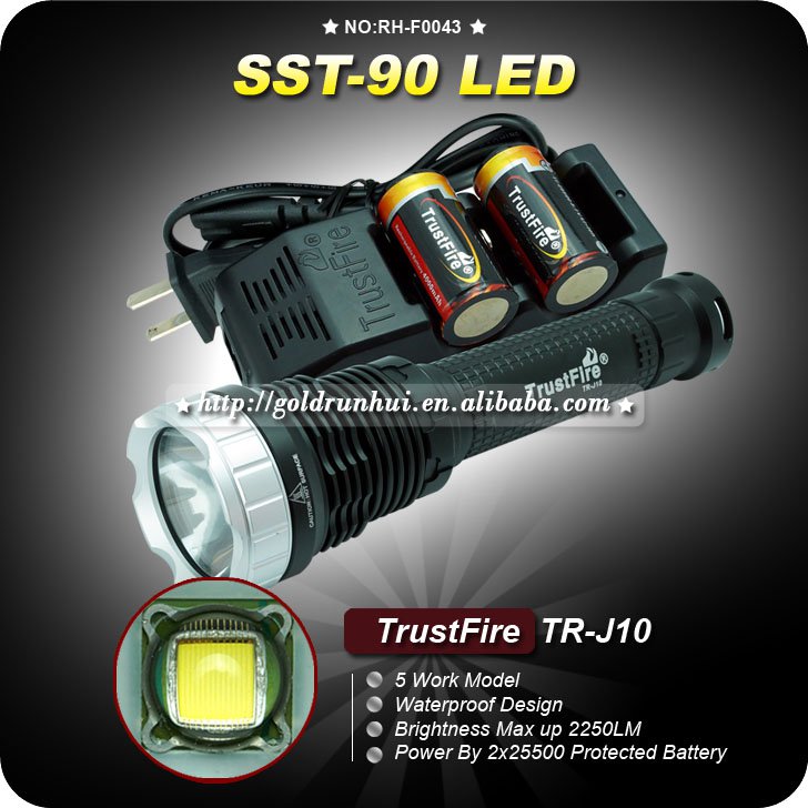 1Set TrustFire TR-J10 SST-90 5 Mode 2250 LM White LED Memory Flashlight+2*25500 Battery+1 charger