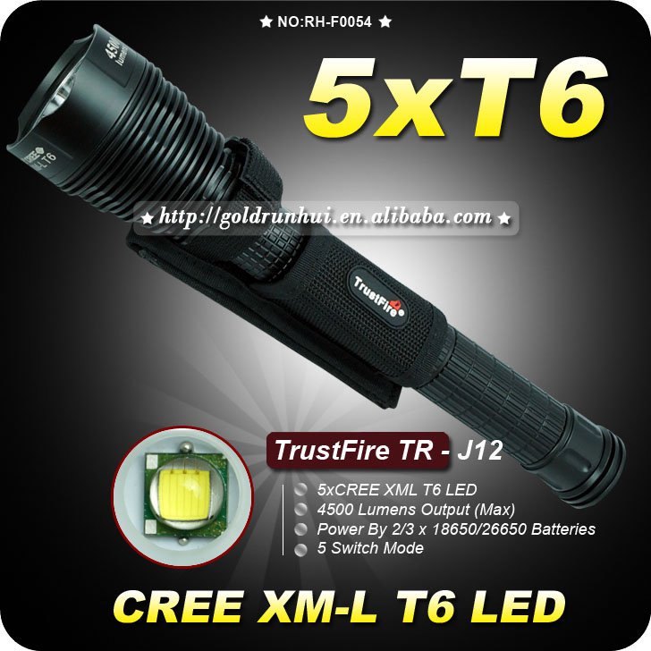 1PC Trustfire TR-J12 5 Mode 4500 Lumens 5XCREE XM-L T6 LED 18650 or 26650 Battery High Power Torch