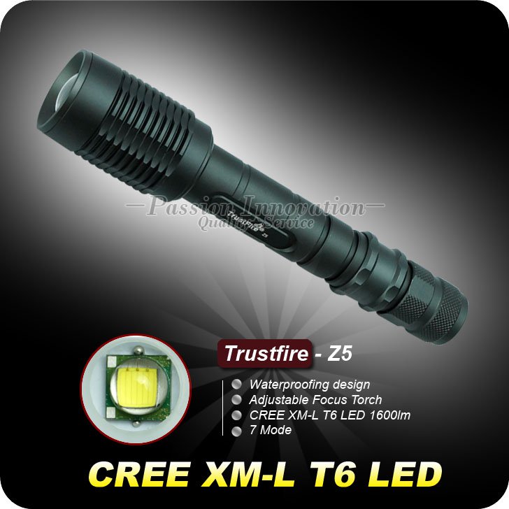 1PC Trustfire Z5 7 Mode 1600 Lumens CREE XM-L T6 LED Flashlight 18650 Zoomable Adjustable Torch