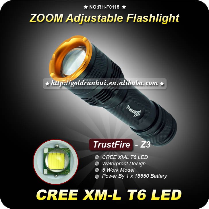 1PC TrustFire Z3 CREE T6 LED 1000 Lumen 5-Modes Aluminium Zoomable Adjustable Focus flashlight