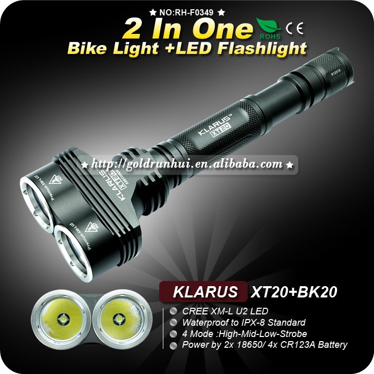 1 Set KLARUS BK20-AB Bicycle Light+XT20 Flashlight 2 In One 2XCree XML U2 LED Dual Head