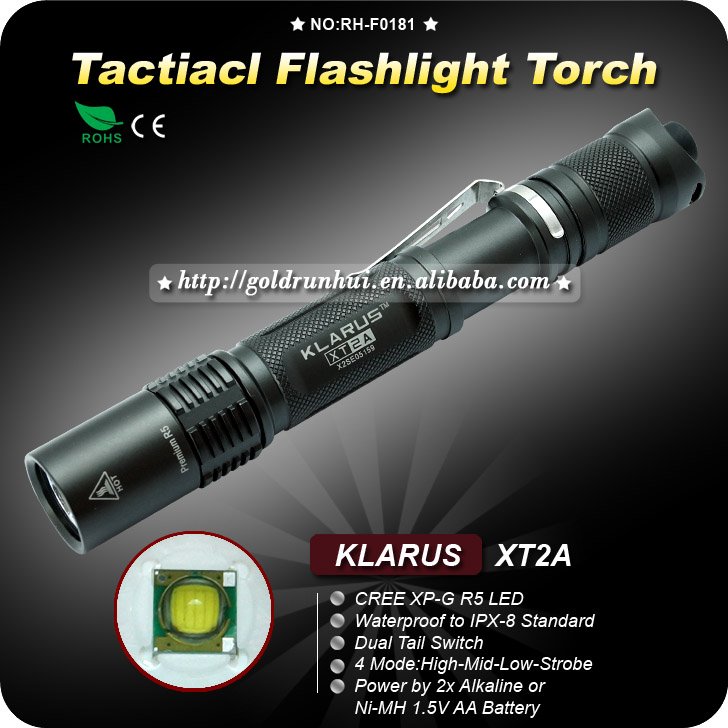 1PC KLARUS XT2A Tactical Flashlight 4 Mode CREE XPG-R5 LED Flashlight 2x AA Battery